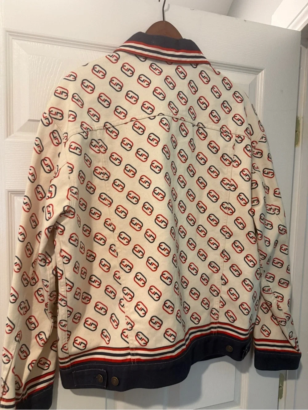 Gucci Cream Logo-Print Cotton Jacket with Navy & Red Trim